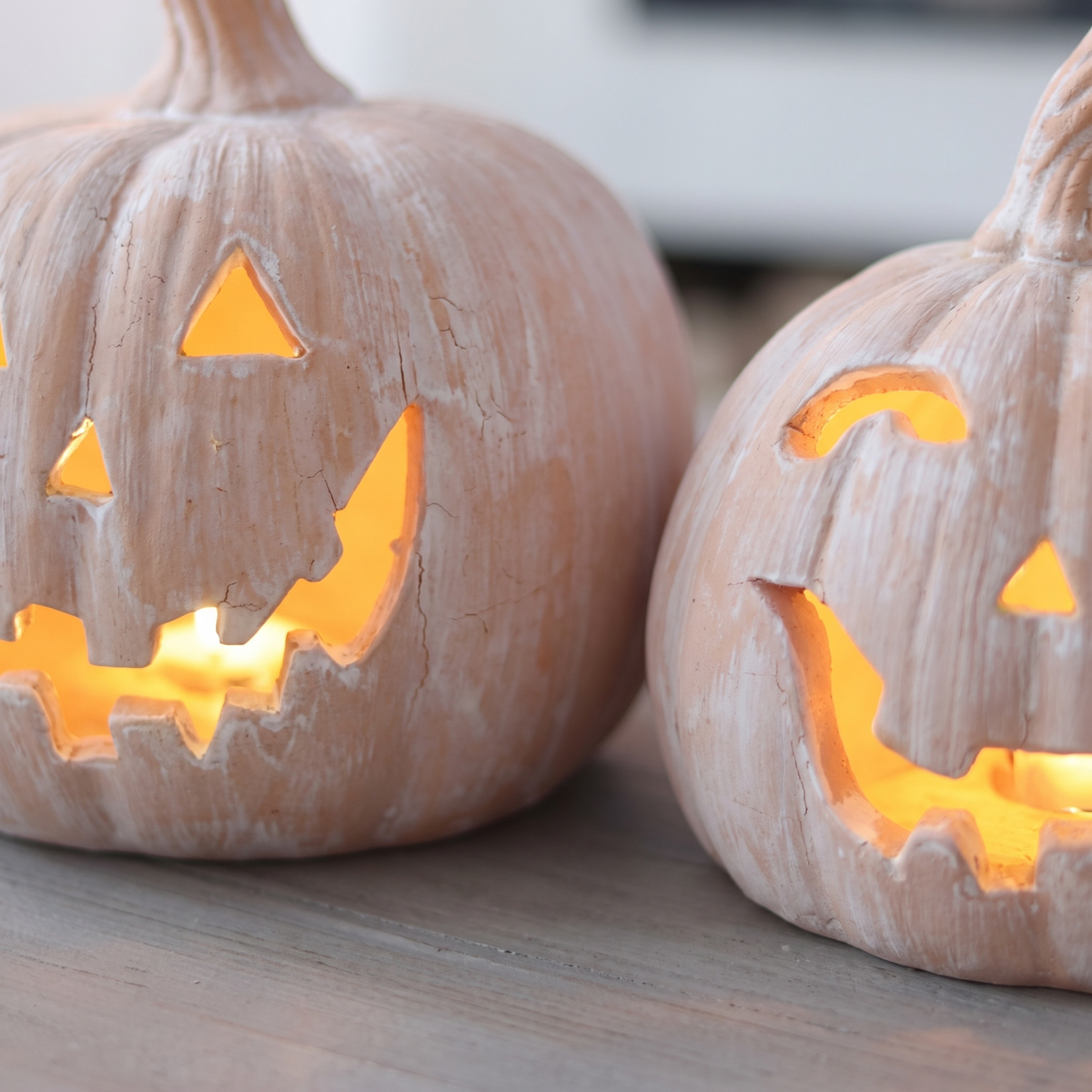 Large Terracotta LED Jack-o'-Lanterns – Set of 2 – close-up detail