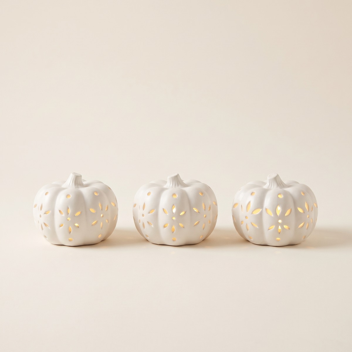 LED Ceramic Pumpkins – Set of 3 Glowing Halloween Decor – studio view