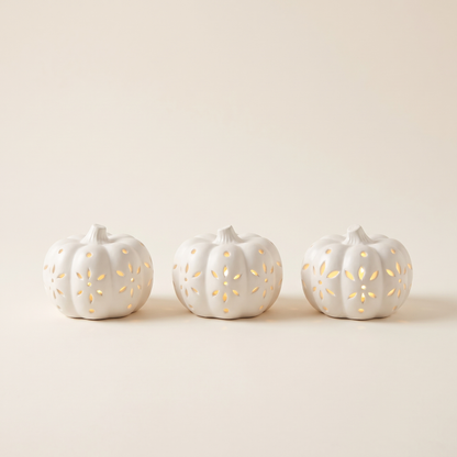 LED Ceramic Pumpkins – Set of 3 Glowing Halloween Decor – studio view
