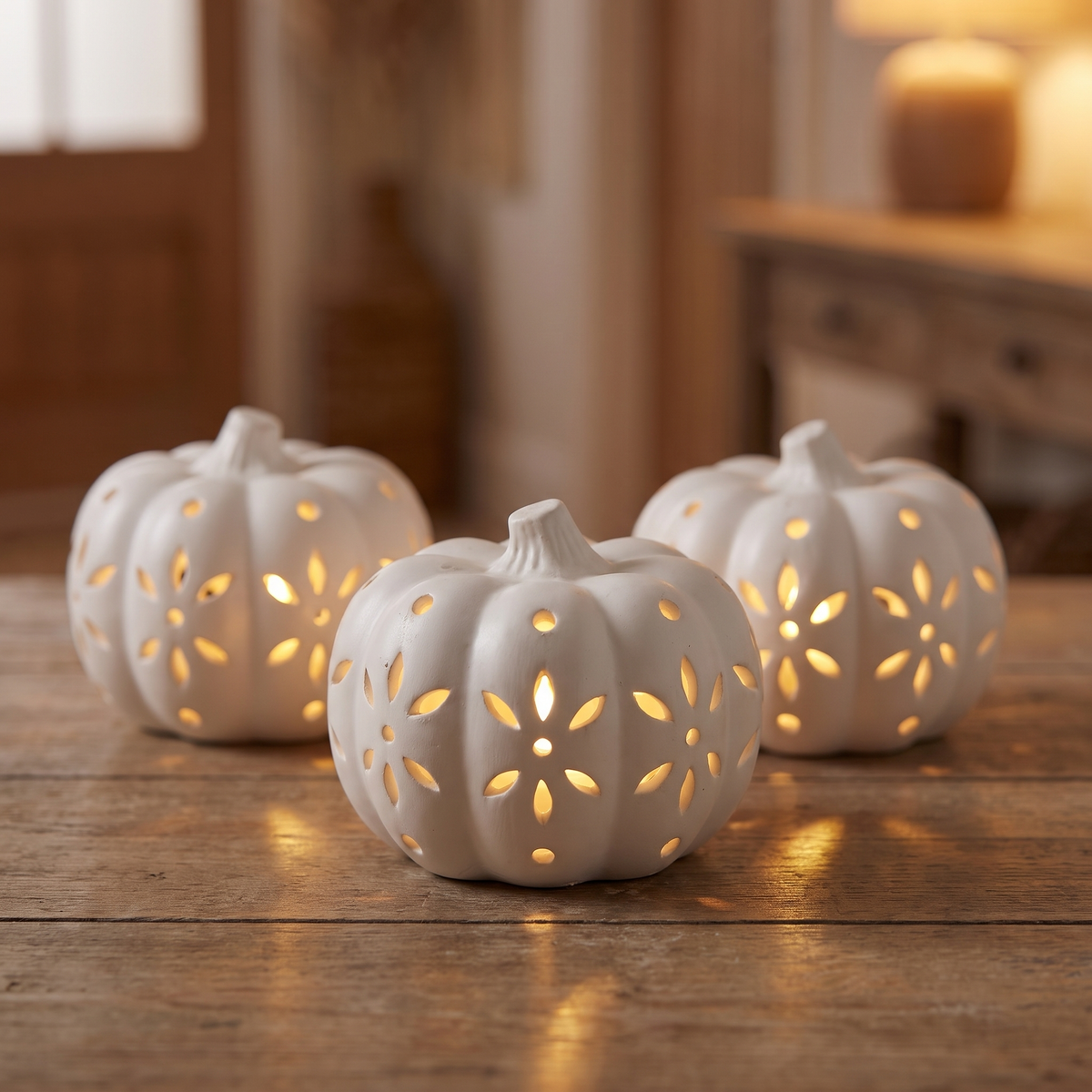LED Ceramic Pumpkins – Set of 3 Glowing Halloween Decor – close-up detail