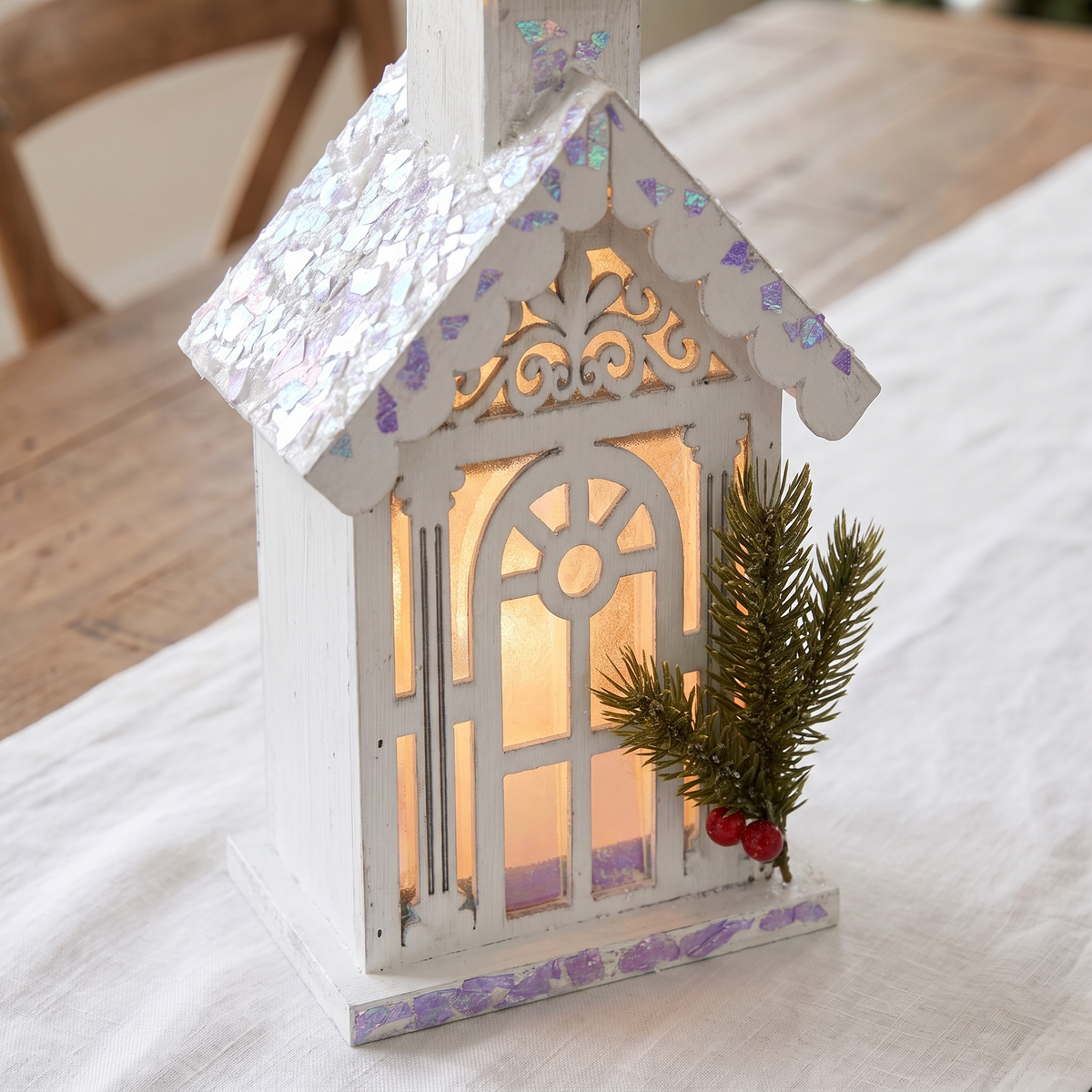 Light-Up White Iridescent Church – 36cm – close-up detail