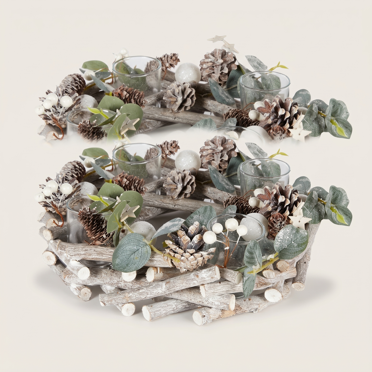 Snowy Eucalyptus 4-Candle Christmas Centrepiece – 30cm – studio view