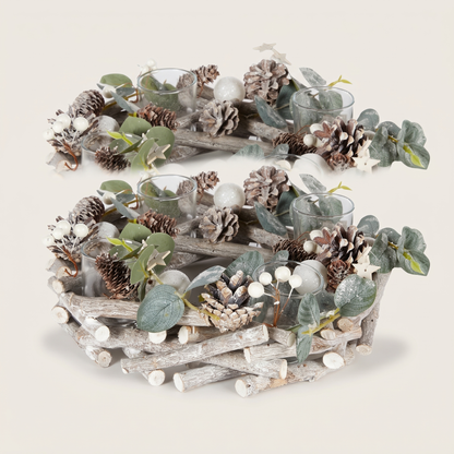 Snowy Eucalyptus 4-Candle Christmas Centrepiece – 30cm – studio view