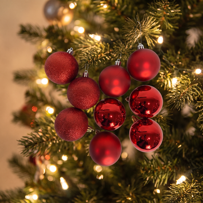 Classic Red Christmas Baubles – 9 Pack, 8cm – close-up detail