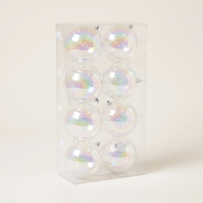 White Iridescent Christmas Baubles – 8 Pack, 12cm – studio view