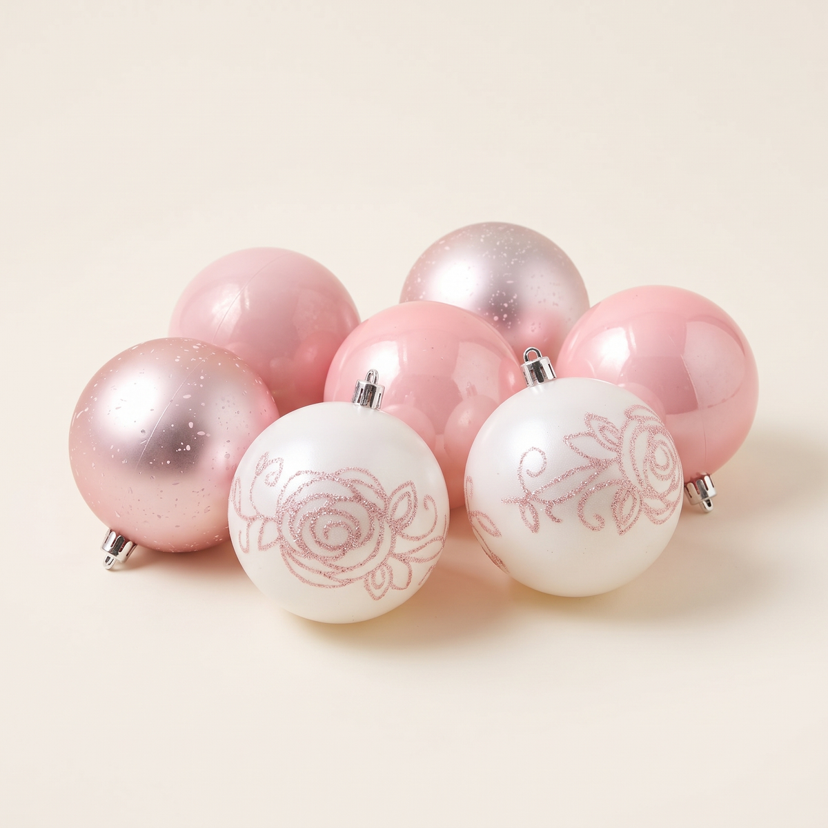 Baby Pink & Pearl Christmas Bauble Pack – 8cm – studio view
