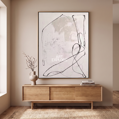 White Line Wabi-Sabi Textured Minimalist Canvas – Hand-Painted Art – shown in a room for scale