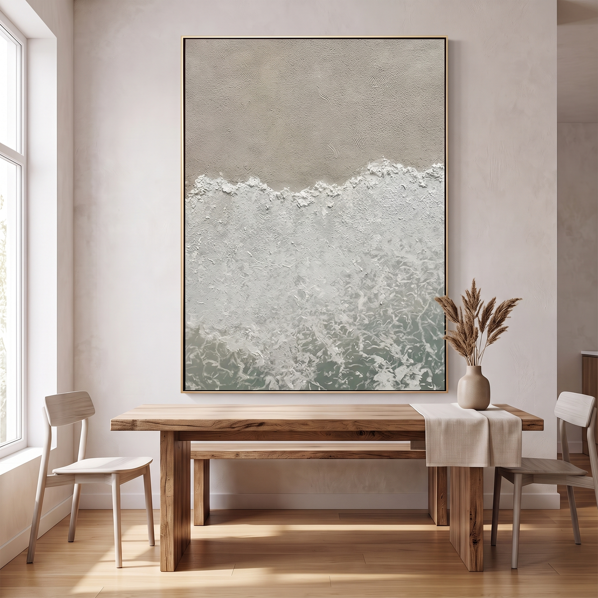 White Surf 3D Ocean Wave Textured Canvas – Hand-Painted Wabi-Sabi Art – shown in a room for scale