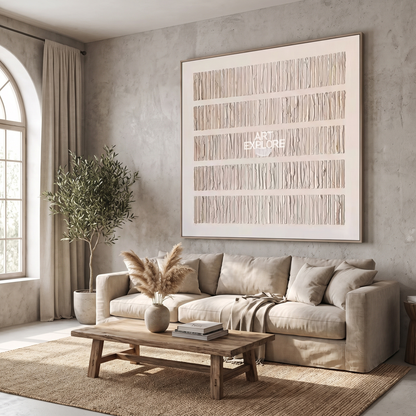 Oat Beige Rich-Texture Minimalist Canvas – Hand-Painted Wabi-Sabi Art – shown in a room for scale