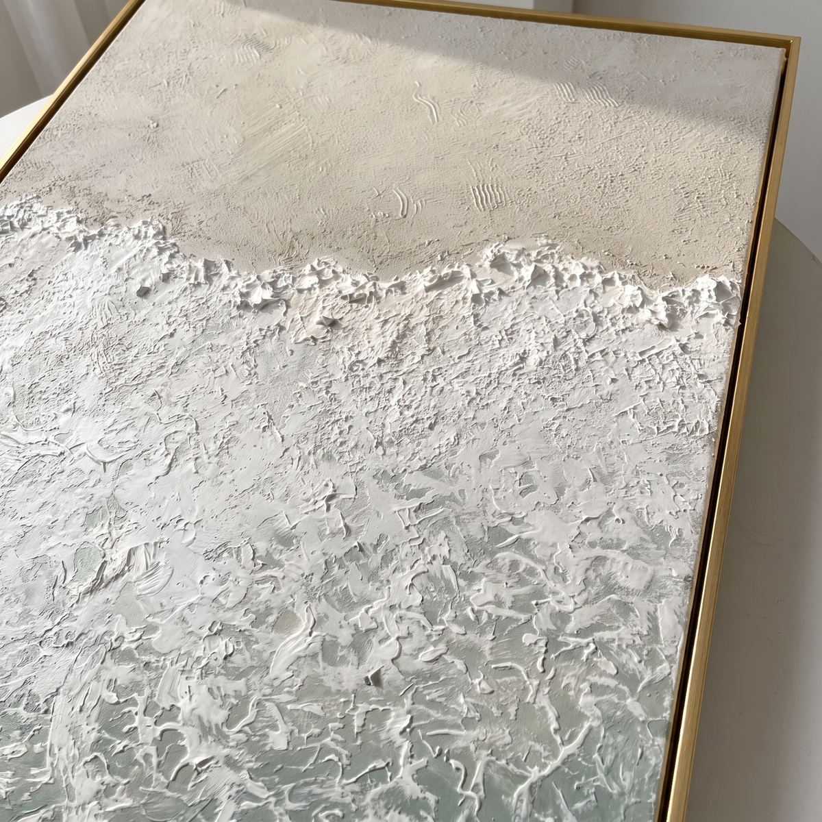 White Surf 3D Ocean Wave Textured Canvas – Hand-Painted Wabi-Sabi Art – close-up detail