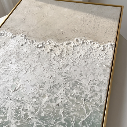 White Surf 3D Ocean Wave Textured Canvas – Hand-Painted Wabi-Sabi Art – close-up detail