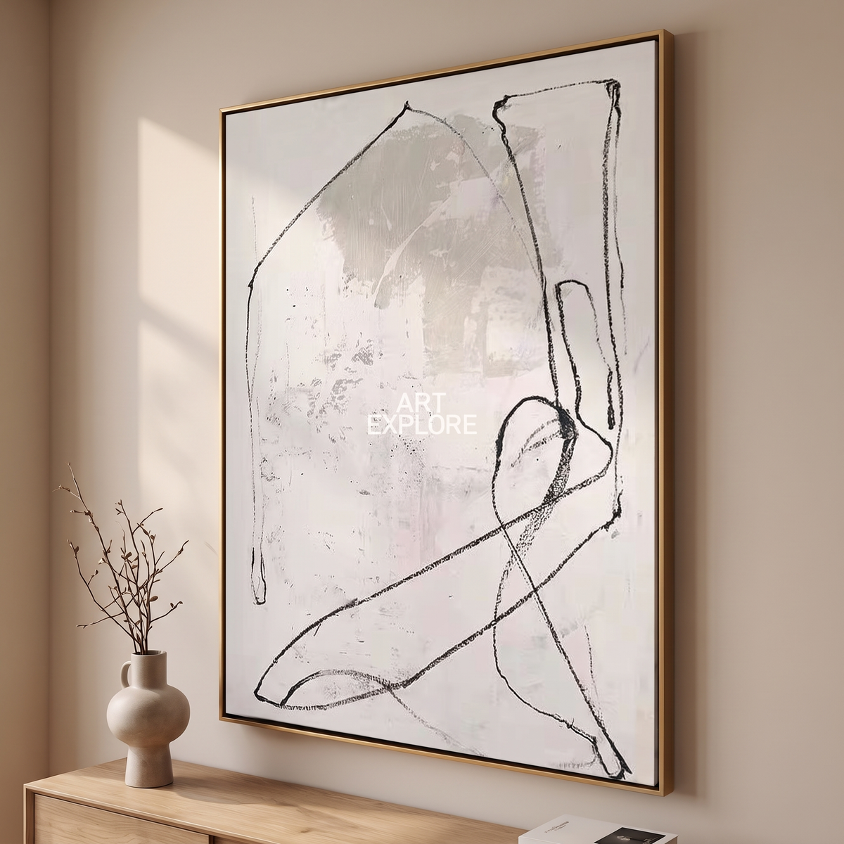 White Line Wabi-Sabi Textured Minimalist Canvas – Hand-Painted Art – side angle showing texture