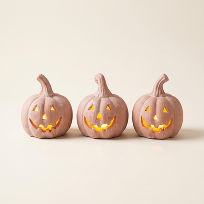 Mini Terracotta LED Jack-o'-Lanterns – Set of 3 – studio view