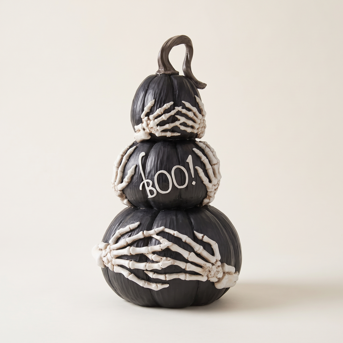 Black Stacked BOO Pumpkins with Skeleton Hands – 37cm – studio view