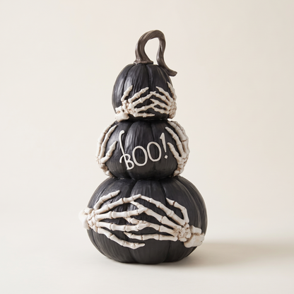 Black Stacked BOO Pumpkins with Skeleton Hands – 37cm – studio view