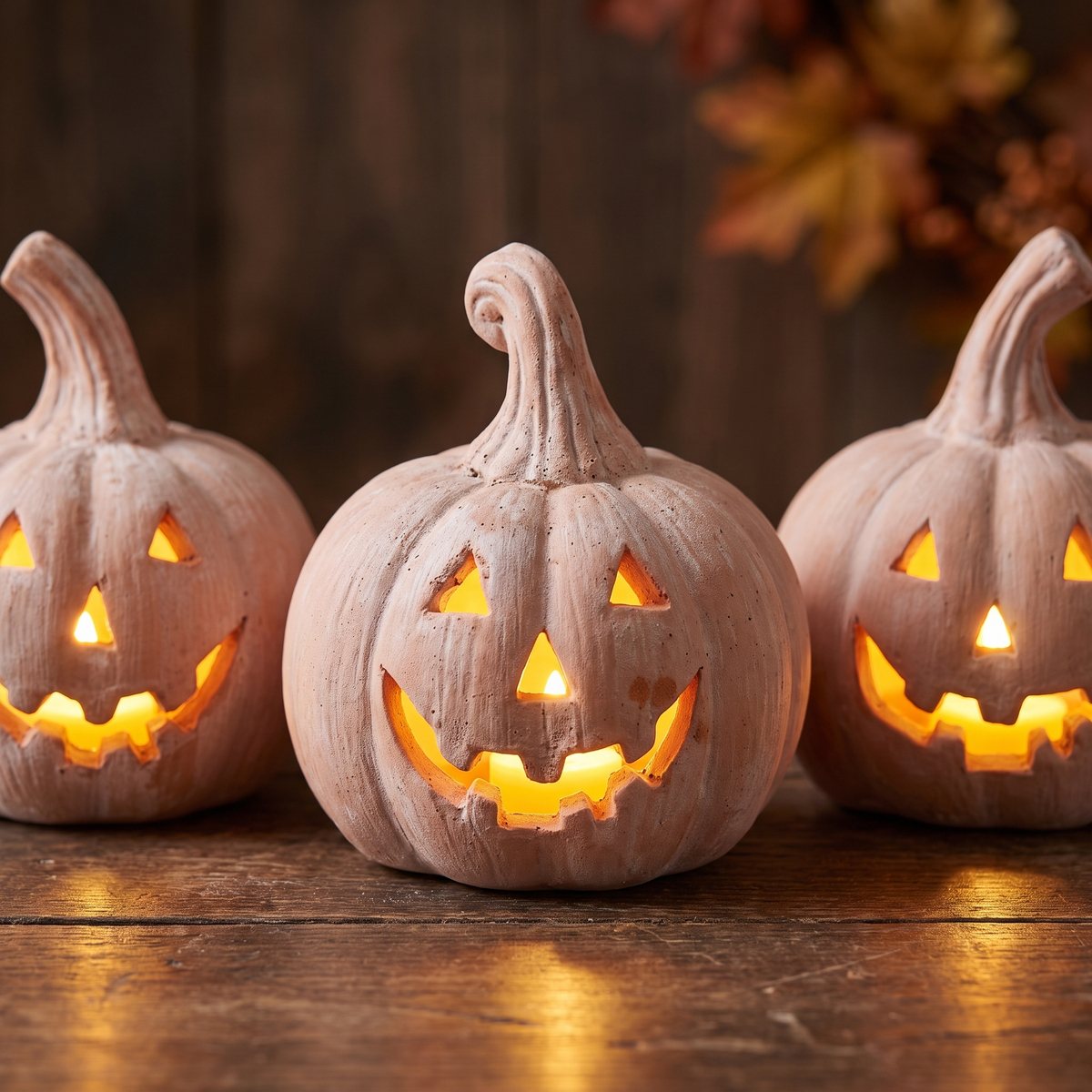 Mini Terracotta LED Jack-o'-Lanterns – Set of 3 – close-up detail