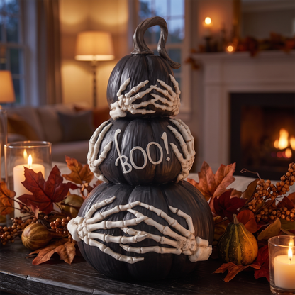Black Stacked BOO Pumpkins with Skeleton Hands – 37cm – close-up detail