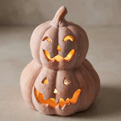 Stacked Terracotta LED Jack-o'-Lantern – Halloween Table Decor – close-up detail