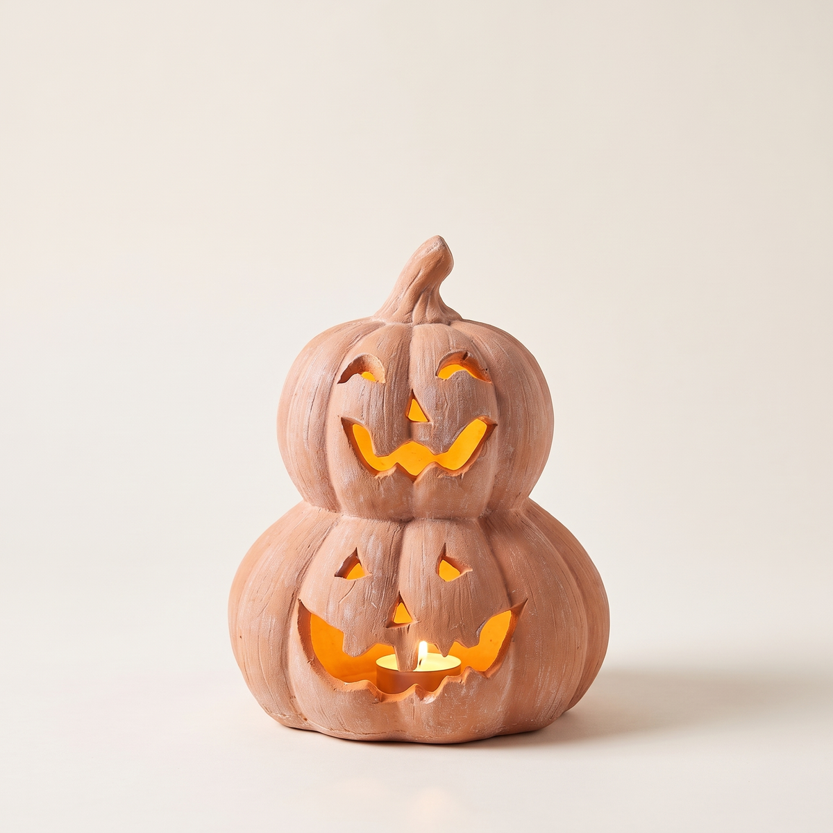 Stacked Terracotta LED Jack-o'-Lantern – Halloween Table Decor – studio view