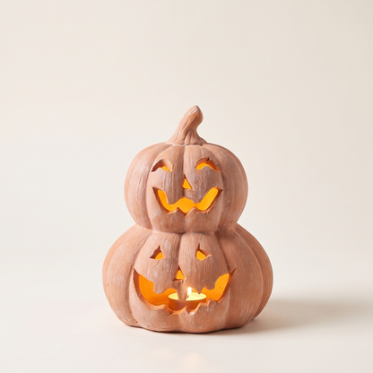 Stacked Terracotta LED Jack-o'-Lantern – Halloween Table Decor – studio view