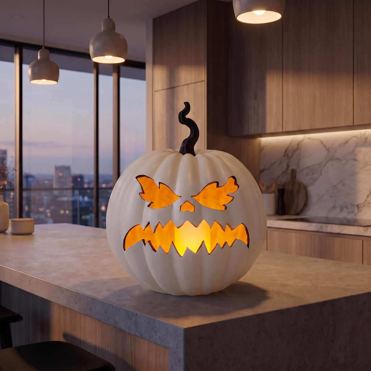 White Resin Flicker-Flame LED Jack-o'-Lantern – 39cm – close-up detail