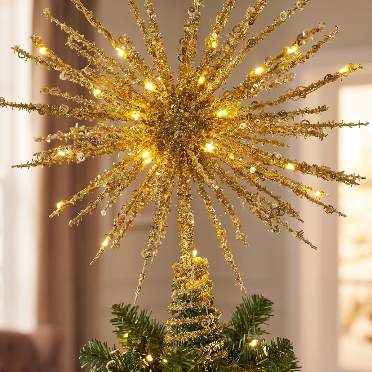 Gold LED Starburst Christmas Tree Topper – 32cm – close-up detail