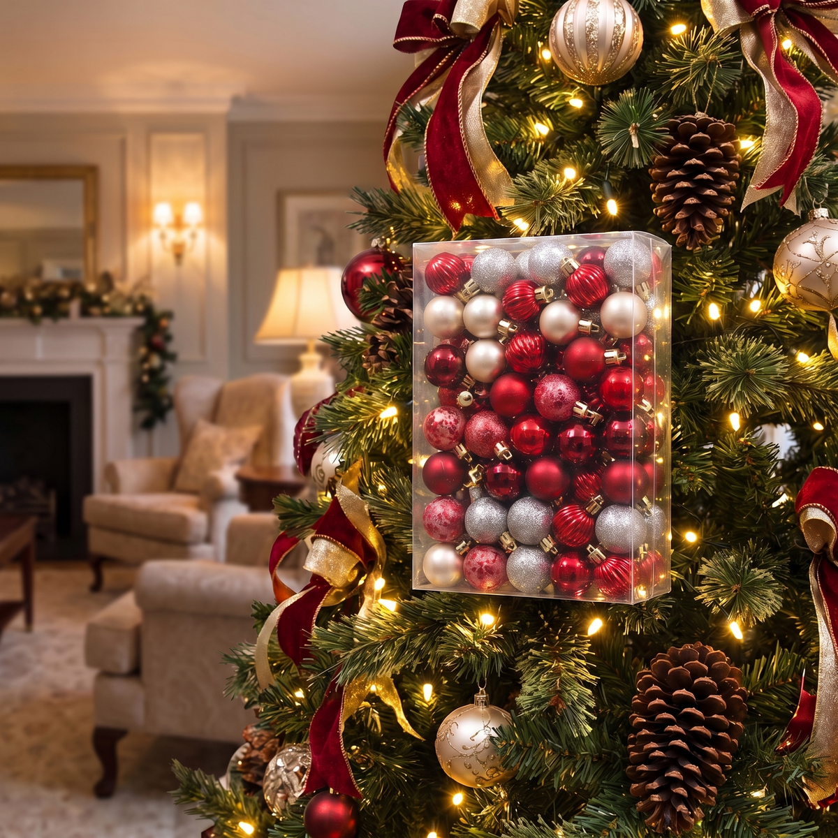 Red & Champagne Shatterproof Mini Bauble Set – 99 Piece, 3cm – close-up detail