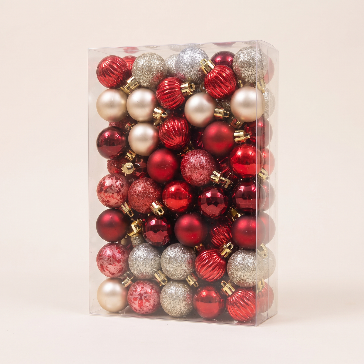 Red & Champagne Shatterproof Mini Bauble Set – 99 Piece, 3cm – studio view