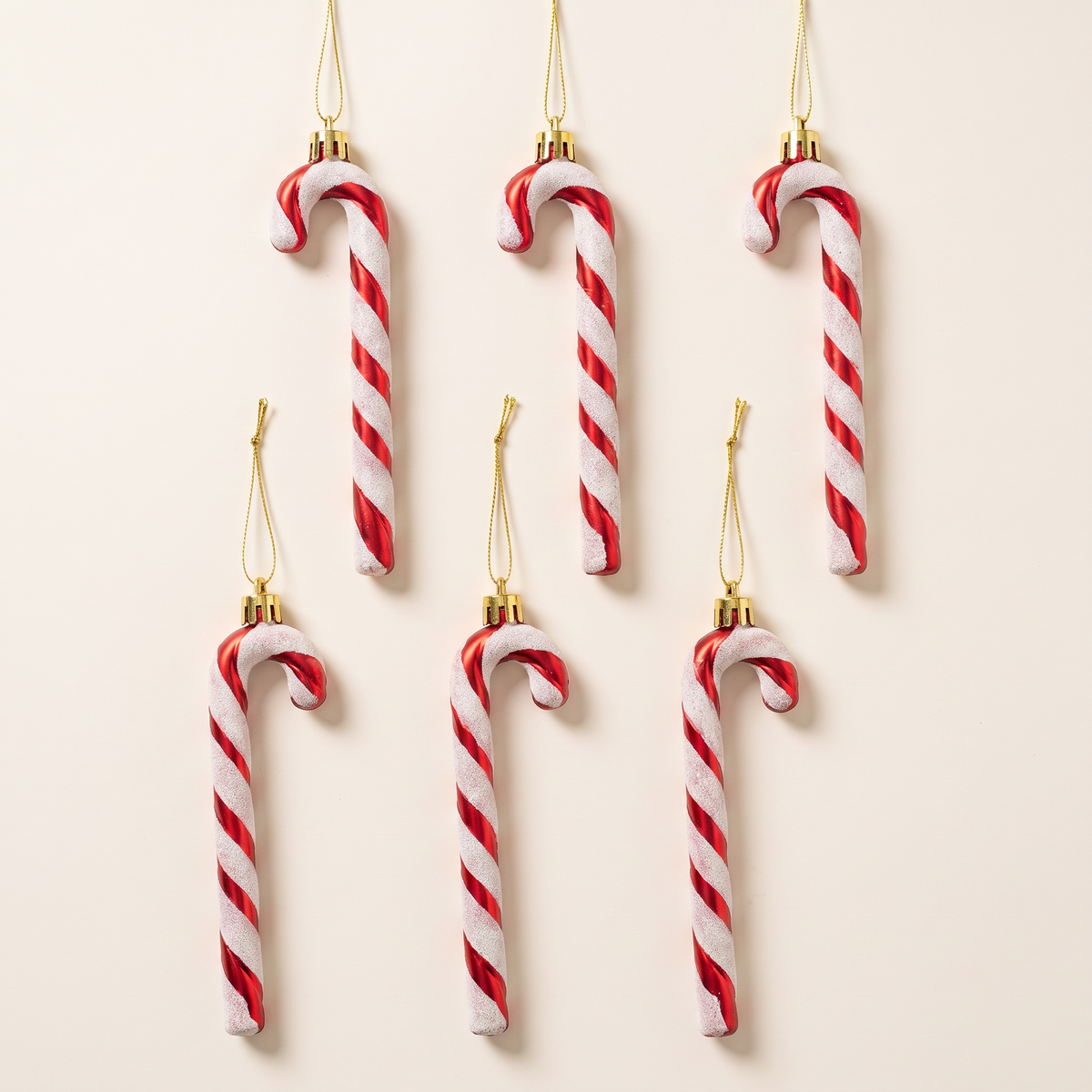 Red & White Glitter Candy Cane Ornaments – Set of 6, 13cm – studio view