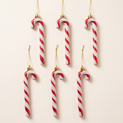 Red & White Glitter Candy Cane Ornaments – Set of 6, 13cm – studio view
