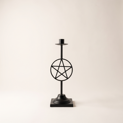 Pentagram Taper Candle Holder – 27cm Gothic Metal Candlestick – studio view