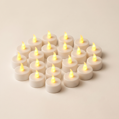 Flickering LED Tea Lights – Pack of 24 Flameless Candles – studio view