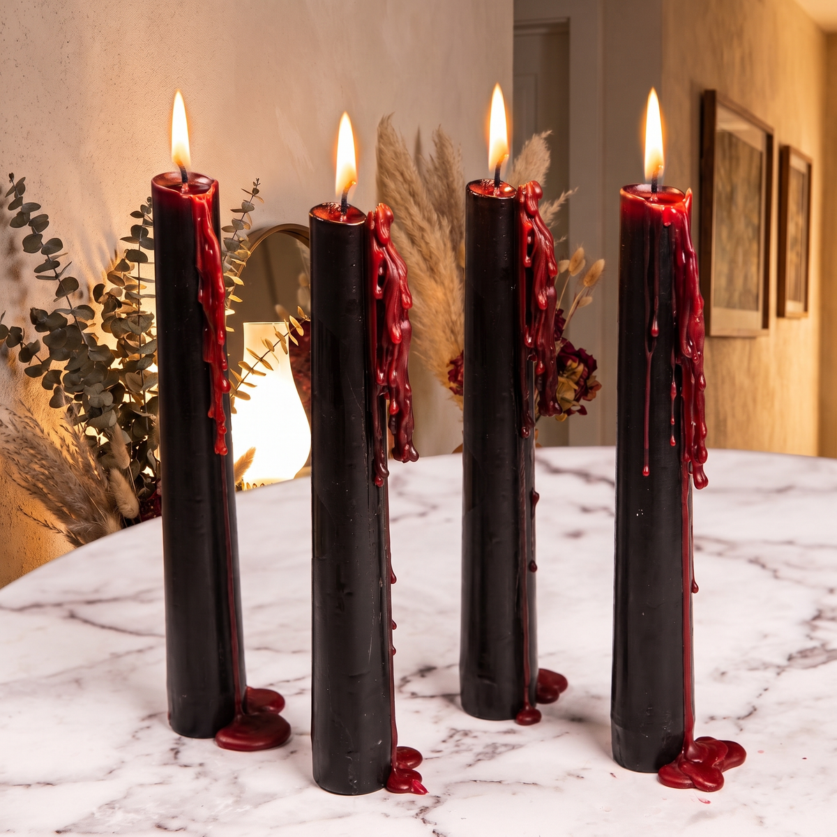Bleeding Black Taper Candles – Set of 4 Gothic Dinner Candles – close-up detail