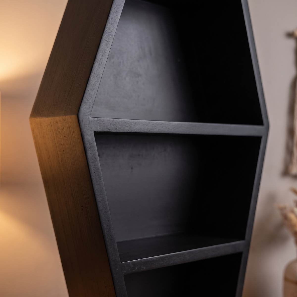 Memento Mori Black Coffin Shelf – 35cm Gothic Wall Display – close-up detail