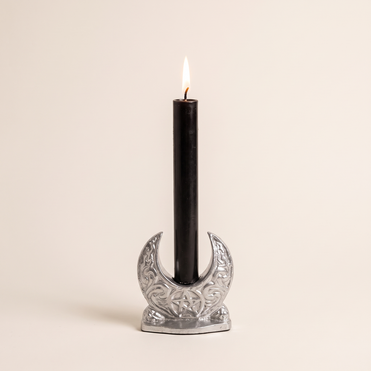 Silver Crescent Moon Taper Candle Holder with Pentagram – studio view
