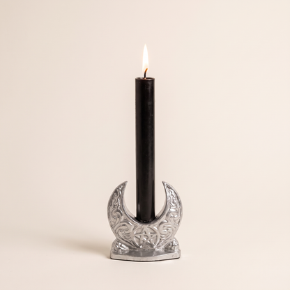 Silver Crescent Moon Taper Candle Holder with Pentagram – studio view