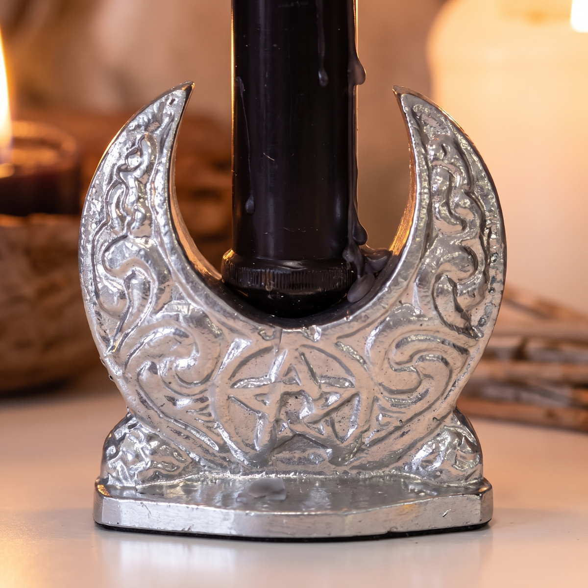 Silver Crescent Moon Taper Candle Holder with Pentagram – close-up detail