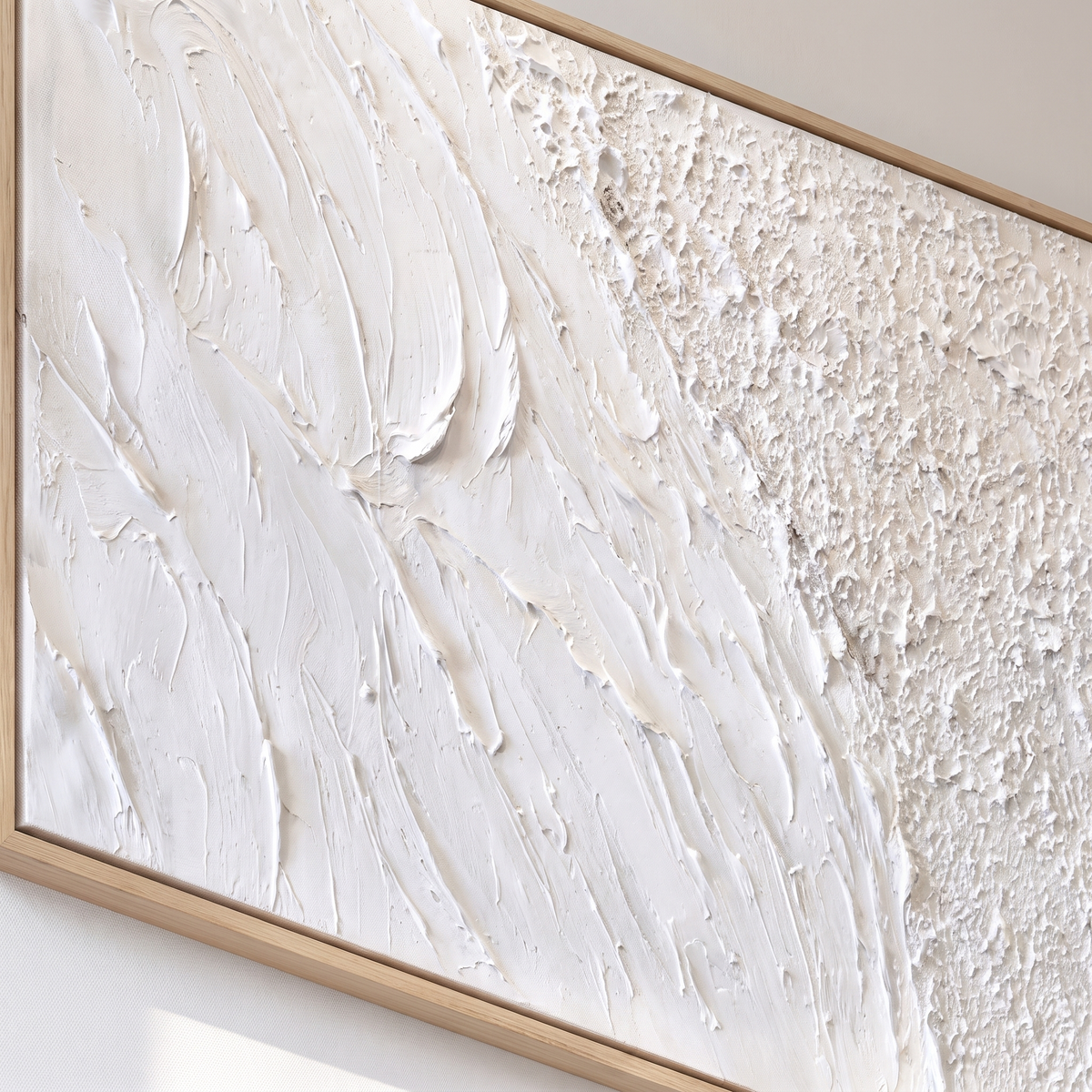 Waves & Sand White Textured Seascape Canvas – Hand-Painted Panoramic Art – close-up detail
