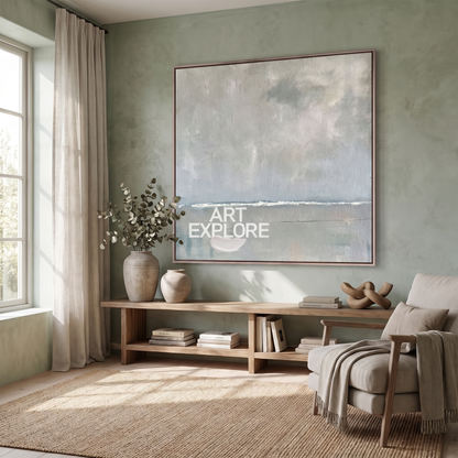 Sage Green Thick-Texture Minimalist Canvas – Hand-Painted Abstract Art – shown in a room for scale
