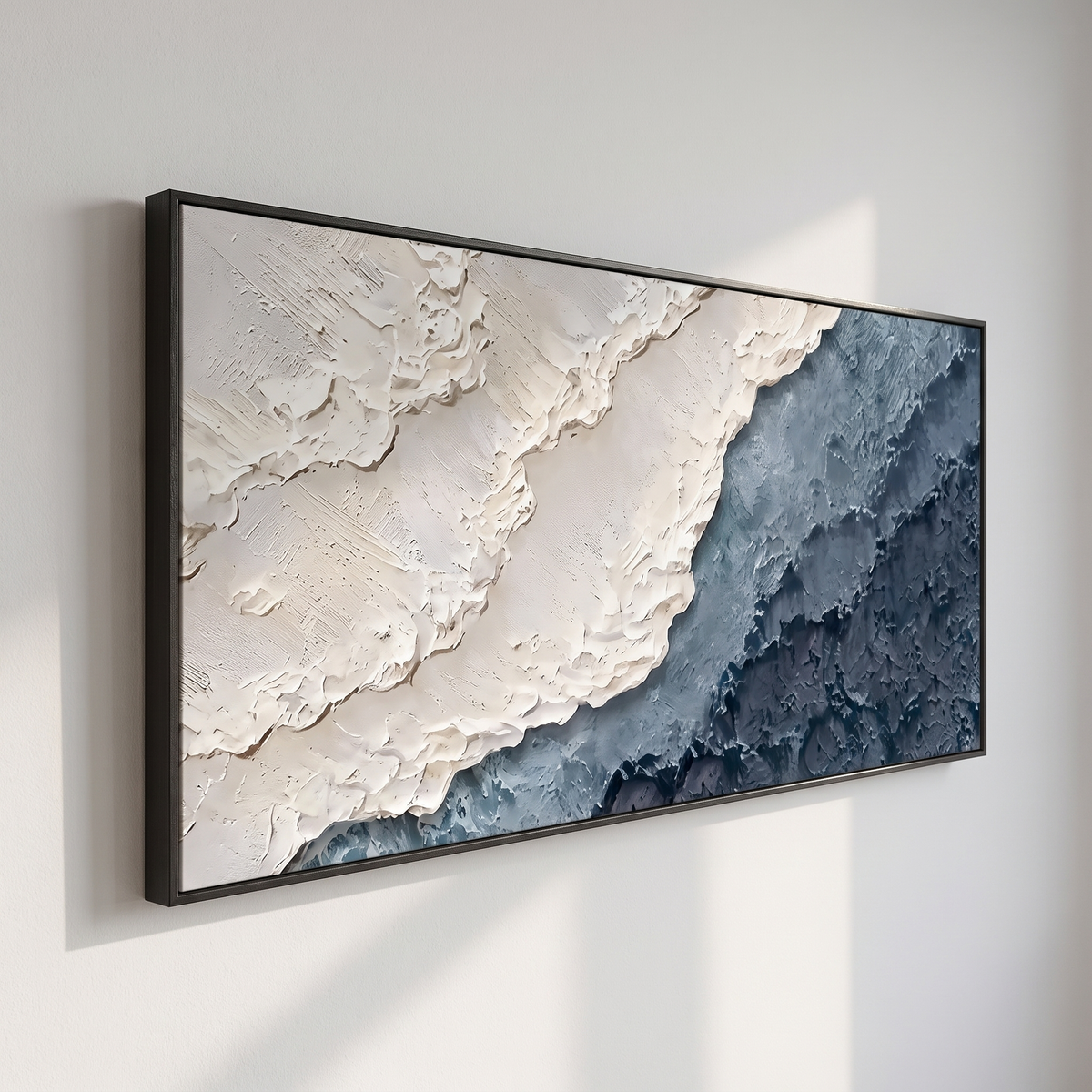 Abyssal Echoes Navy & Cream Textured Seascape Canvas – Hand-Painted – side angle showing texture