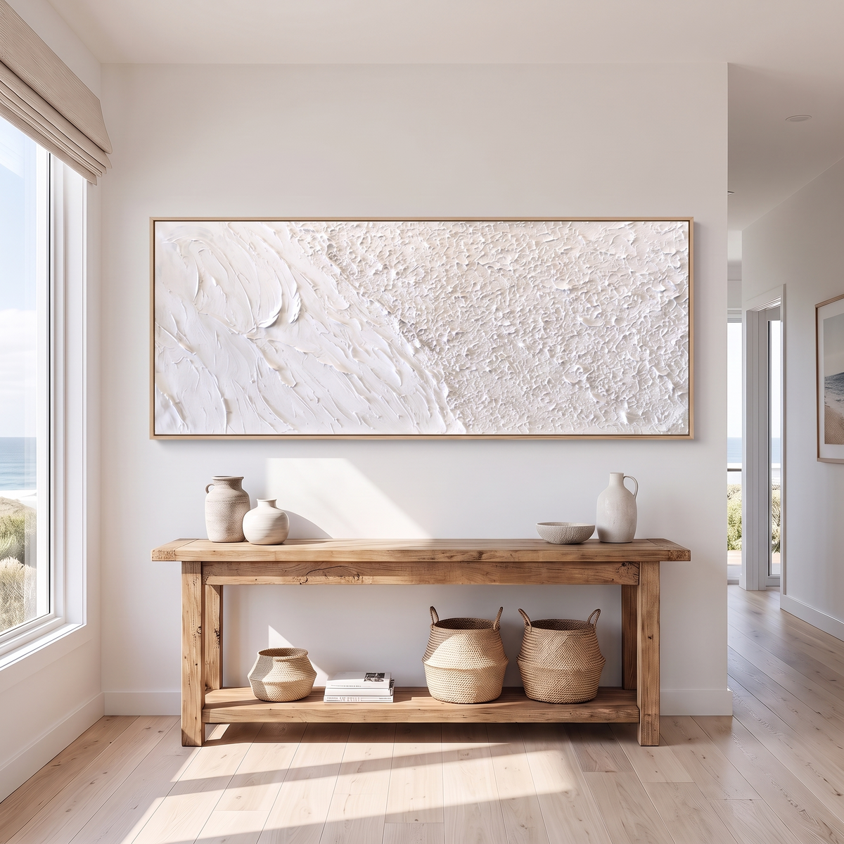 Waves & Sand White Textured Seascape Canvas – Hand-Painted Panoramic Art – shown in a room for scale
