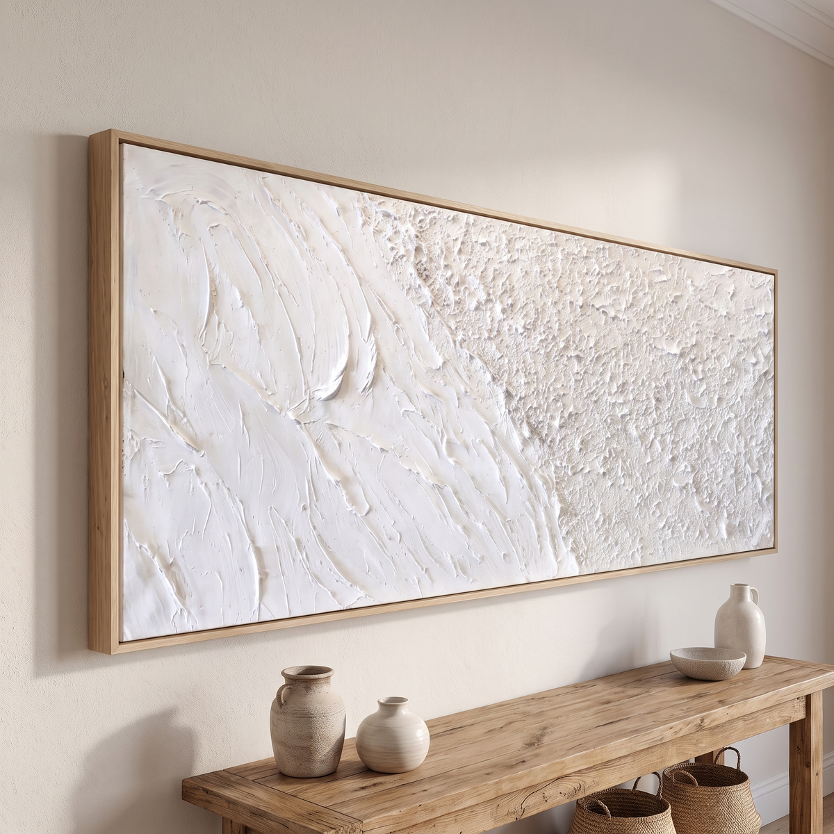 Waves & Sand White Textured Seascape Canvas – Hand-Painted Panoramic Art – side angle showing texture
