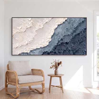 Abyssal Echoes Navy & Cream Textured Seascape Canvas – Hand-Painted – shown in a room for scale