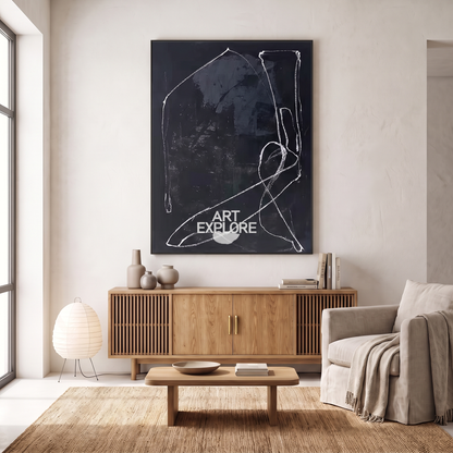 Onyx Black Textured Minimalist Canvas – Hand-Painted Abstract Wall Art – shown in a room for scale