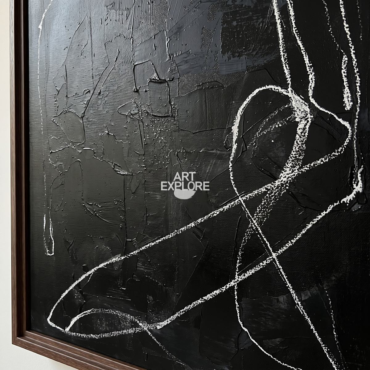 Onyx Black Textured Minimalist Canvas – Hand-Painted Abstract Wall Art – close-up detail