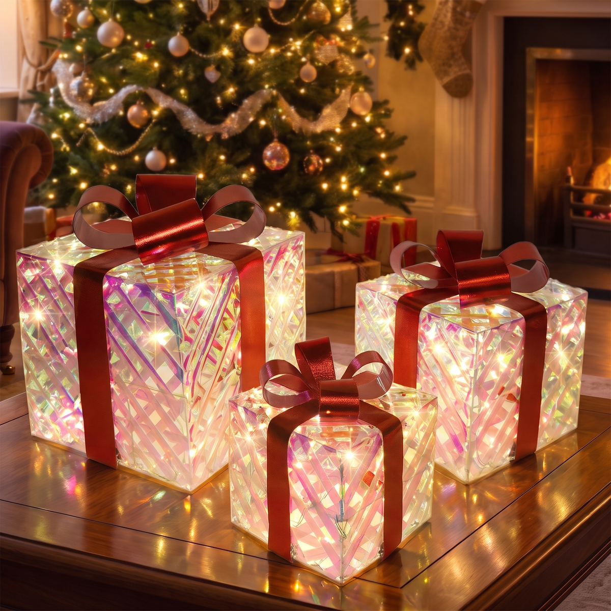 Iridescent LED Light-Up Gift Boxes with Red Bows – Set of 3 – close-up detail