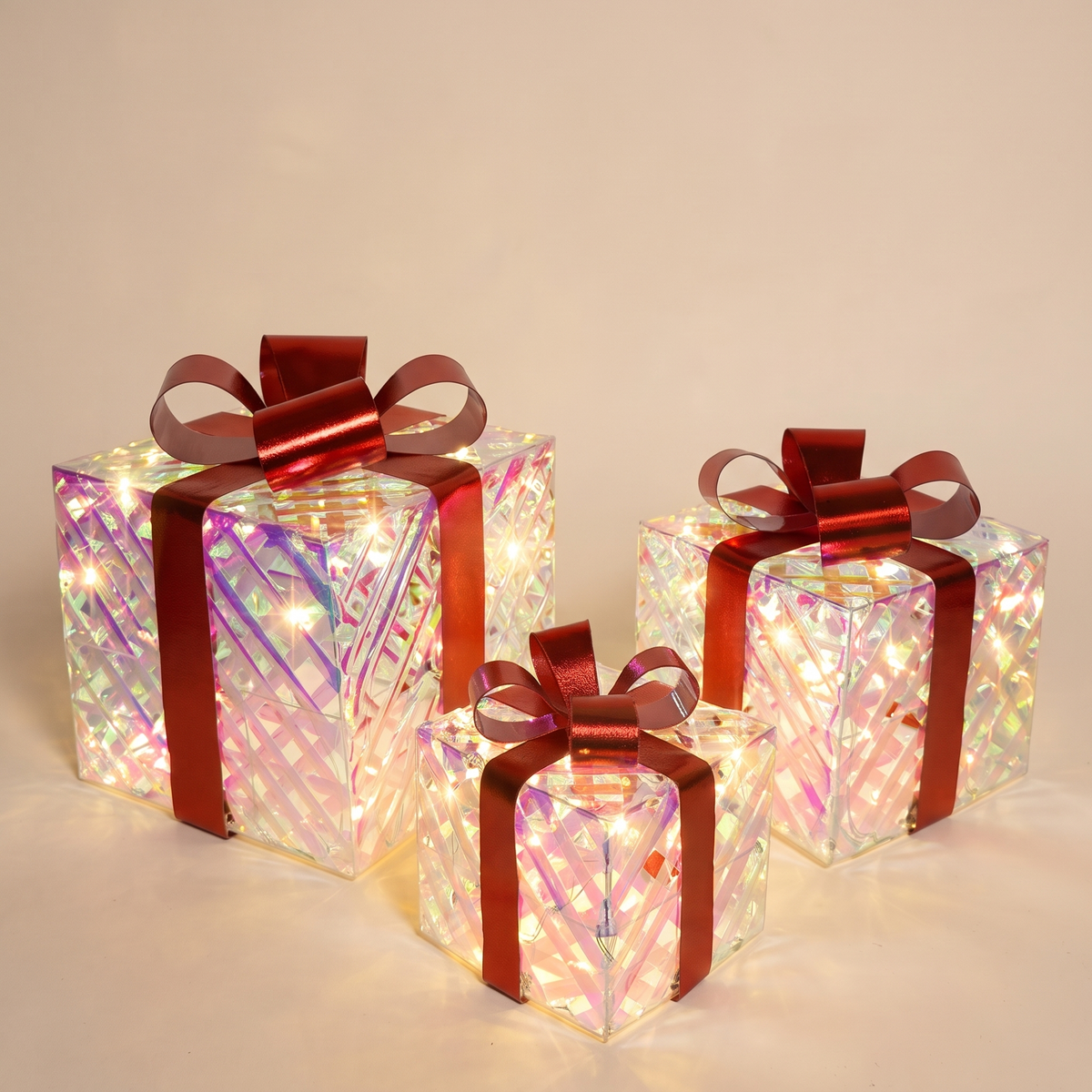 Iridescent LED Light-Up Gift Boxes with Red Bows – Set of 3 – studio view