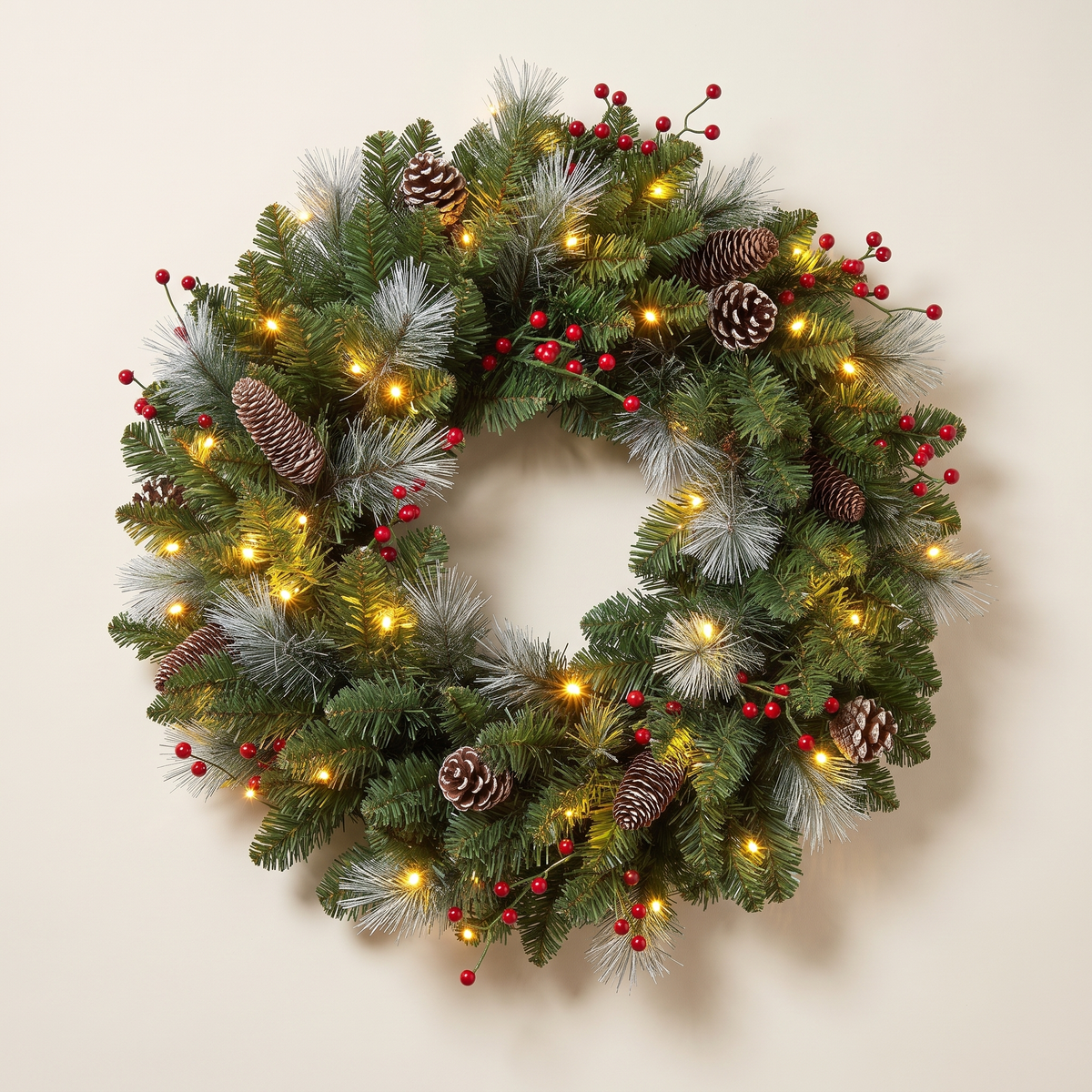 Pre-Lit Frosted Pinecone & Berry Christmas Wreath – 60cm – studio view