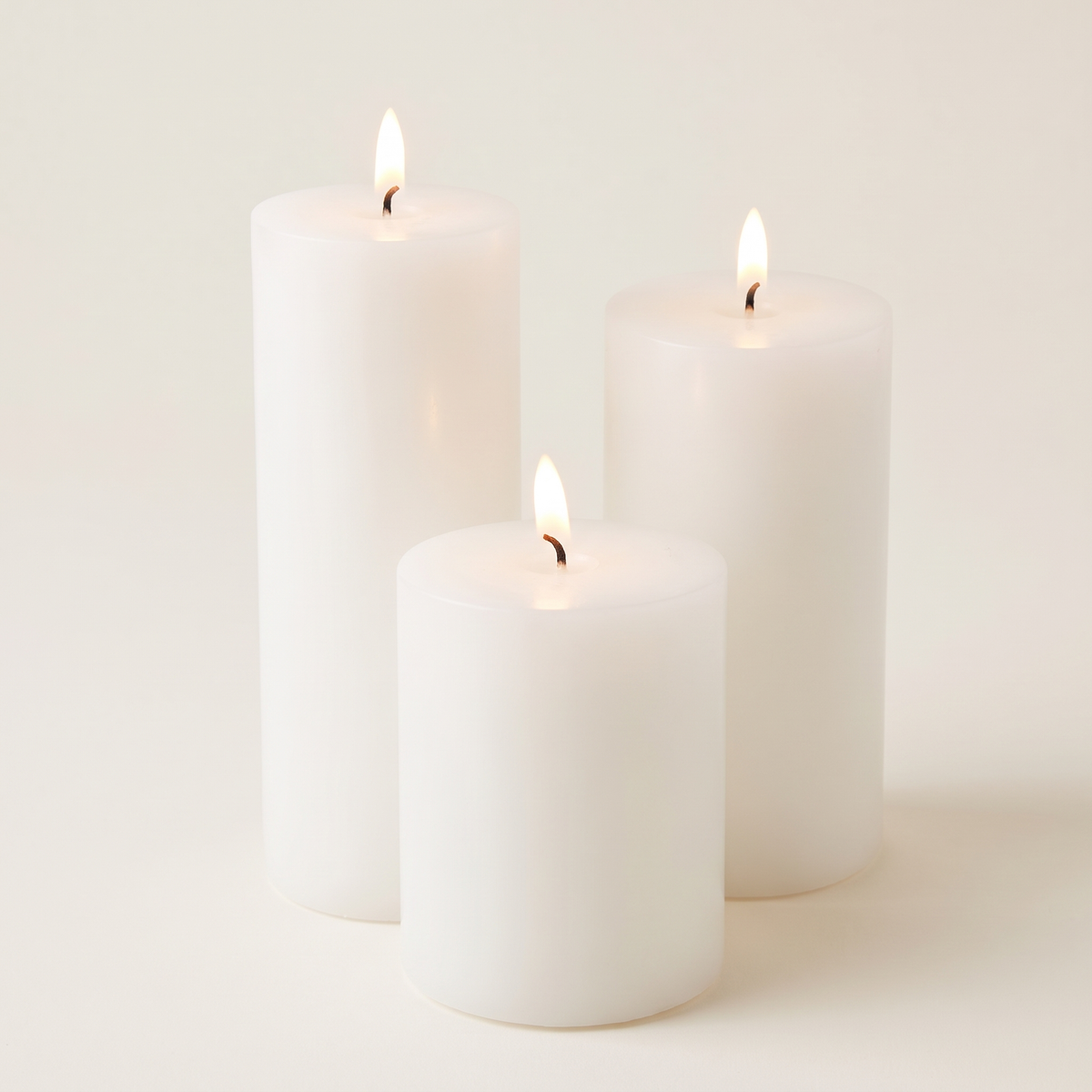 White Wax Flameless LED Pillar Candle – 8cm Wide – studio view