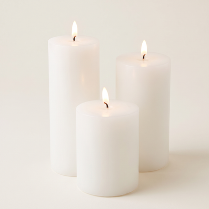 White Wax Flameless LED Pillar Candle – 8cm Wide – studio view